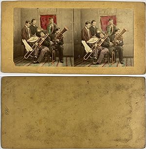 Groupe de musiciens, Vintage albumen print, ca.1870, Stéréo