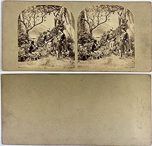 Scène de chasse en costumes Écossais, Vintage albumen print, ca.1880, Stéréo