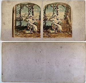 Femme aux paniers en costume régional, Vintage albumen print, ca.1860, stéréo