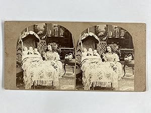 Scène, Fillette et ses poupées, Vintage albumen print, ca.1860, stéréo