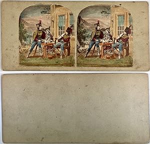 Hommes buvant devant un Pub en Costume militaire anglais, Vintage albumen print, ca.1880, Stéréo