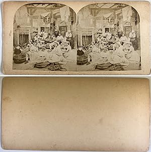 Femmes qui réparent des filets de pêche, Vintage albumen print, ca.1880, Stéréo