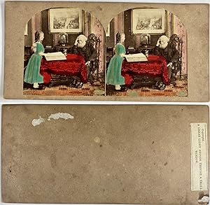 Jeune fille lisant le journal à un vieillard, Vintage albumen print, ca.1860, stéréo