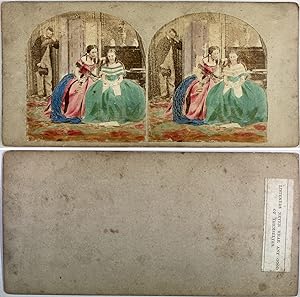 Homme qui espionne deux jeunes femmes, Vintage albumen print, ca.1860, stéréo