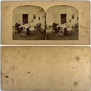 Homme et femme déjeunant dans leur jardin, Vintage albumen print, ca.1860, Stéréo