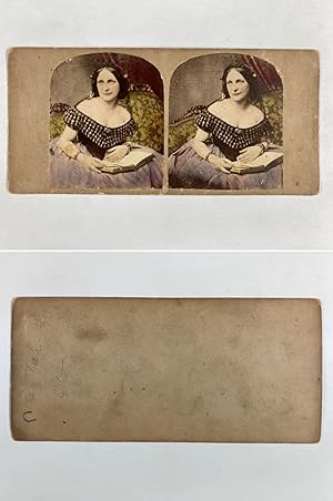 Portrait d'une femme avec un livre, Vintage albumen print, ca.1860, Stéréo