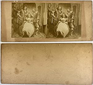 Femme lisant un livre avec hommes en costumes renaissance, Vintage albumen print, ca.1870, Stéréo