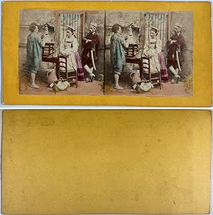 Hommes et femme dans un atelier, Vintage albumen print, ca.1860, stéréo