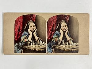 Jeune femme jouant aux échecs, Vintage albumen print, ca.1860, stéréo