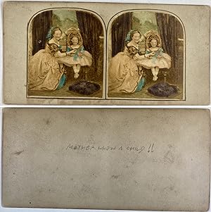 Femme et son portrait de quand elle était fillette, Vintage albumen print, ca.1860, Stéréo