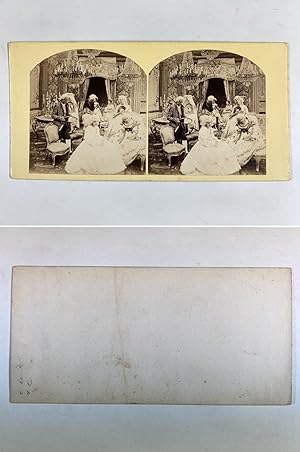 Scène, Comédiens en costumes Louis XV dans un salon, Vintage albumen print, ca.1860, Stéréo
