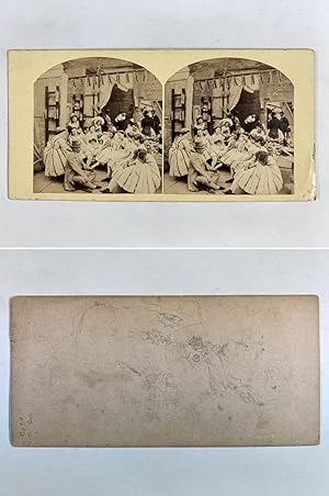 Comédiens réunis en arrière-scène, Vintage albumen print, ca.1860, Stéréo