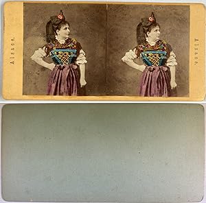 Jeune femme en costume régional d'Alsace, Vintage albumen print, ca.1860, stéréo