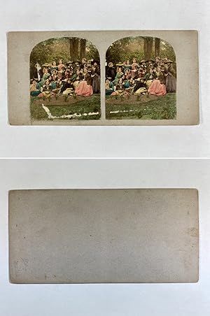 Photo de groupe en forêt, Vintage albumen print, ca.1860, Stéréo