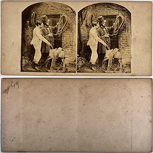 Hommes inspectant un attelage à cheval, Vintage albumen print, ca.1890, Stéréo
