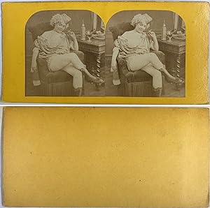 Femme qui fume une cigarette et montre ses jambes, Vintage albumen print, ca.1870, stéréo
