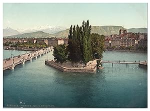 Suisse, Lac Léman, Genève, Île J.J. Rousseau et le Mont-Blanc
