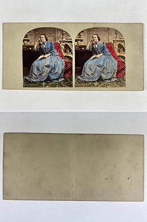 Femme assise à un bureau, Vintage albumen print, ca.1860, Stéréo
