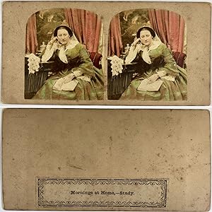 Portrait jeune femme chez elle, Vintage albumen print, ca.1860, Stéréo
