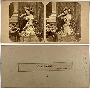 Femme contemplant un bouquet de fleurs, Vintage albumen print, ca.1860, Stéréo