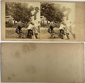 Homme et femme travaillant dans le jardin, Vintage albumen print, ca.1870, Stéréo