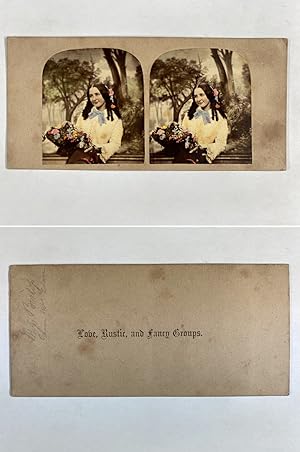 Jeune femme au fleurs, Vintage albumen print, ca.1860, Stéréo
