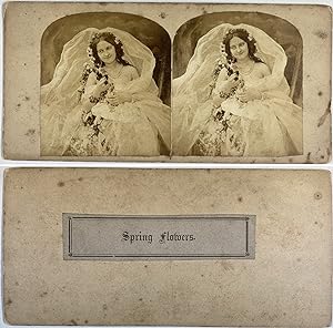 Jeune femme au voile et fleurs de printemps, Vintage albumen print, ca.1860, Stéréo