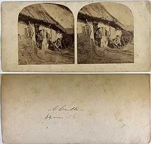 Garçons devant une maison en toit de chaume, Vintage albumen print, ca.1860, Stéréo