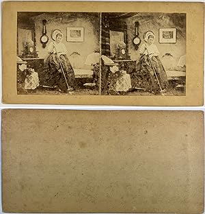 Femme faisant le ménage, Vintage albumen print, ca.1880, Stéréo
