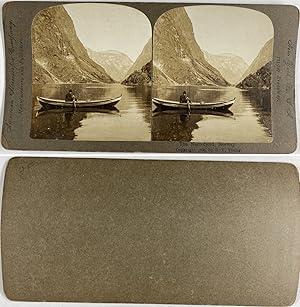 Norvège, barque sur le Nærøyfjord, Vintage silver print, ca.1900, Stéréo