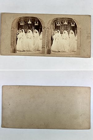 Procession religieuse, femmes en blanc, Vintage albumen print, ca.1860, Stéréo