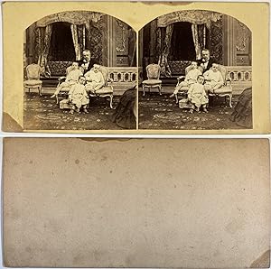 Un père et ses fils dans un salon, Vintage albumen print, ca.1860, Stéréo
