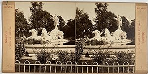 Espagne, Madrid, Fontaine de Neptune, Vintage print, ca.1880, Stéréo