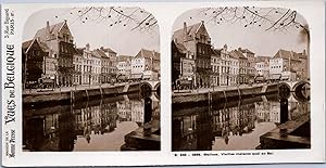 Belgique, Malines (Mechelen), Vieilles maisons et le Quai su Sel, Vintage print, ca.1910, Stéréo