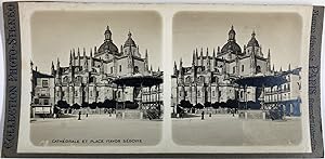 Espagne, Segovia (Ségovie), la Cathédrale et Place Mayor, Vintage silver print, ca.1900, Stéréo