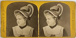 Portrait de femme avec chapeau, Vintage print, ca.1880, Stéréo
