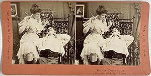Young, The New Woman Barber, vintage stereo print, 1897