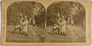 Belgique, Scène de genre, Les troupiers et la nourrice 2, Vintage print, circa 1890, Stéréo