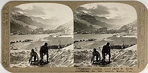 Suisse, Saint-Moritz, Enfants hissant leur Luge près du Lac, vintage stereo print, ca.1900