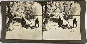 Homme et garçon à la chasse en hiver, Vintage print, ca.1900, Stéréo