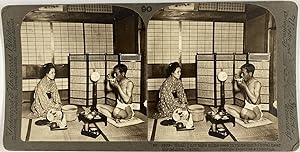 Japon, Hiroshima, Repas d'un soir d'été à l'hôtel, Vintage print, ca.1900, Stéréo