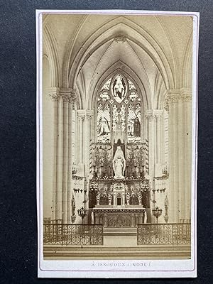 France, Issoudun, Basilique Notre Dame du Sacré C?ur, vue intérieure et prière au dos, Vintage al...