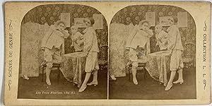 Belgique, Scènes de genre, Les Trois Pierrots 4, Vintage print, circa 1890, Stéréo