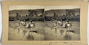 Mexique, Rivière Atoyac, Paysans et Ânes franchissant le Gué, vintage stereo print, 1906