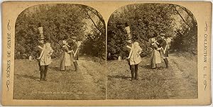 Belgique, Scène de genre, Les troupiers et la nourrice, Vintage print, circa 1890, Stéréo