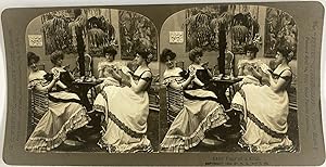 Femmes jouant aux cartes, Vintage silver print, ca.1900, Stéréo