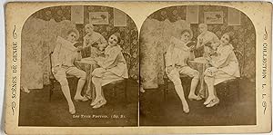 Belgique, Scènes de genre, Les Trois Pierrots 3, Vintage print, circa 1890, Stéréo