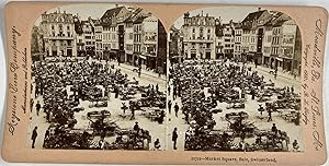 Suisse, Bâle, Vue de la Place Marché, Vintage print, circa 1890, Stéréo