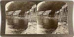 Japan, Obama, Bathing Houses on the borders of the Lake, vintage stereo print, ca.1900