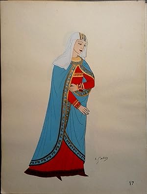 Costume de femme noble sous les Capétiens. XIIe siècle. Gravure en couleurs extraite du portfolio...